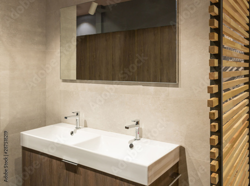 Canvas Print Salle de bain moderne de style scandinave hygge avec un meuble en bois double va