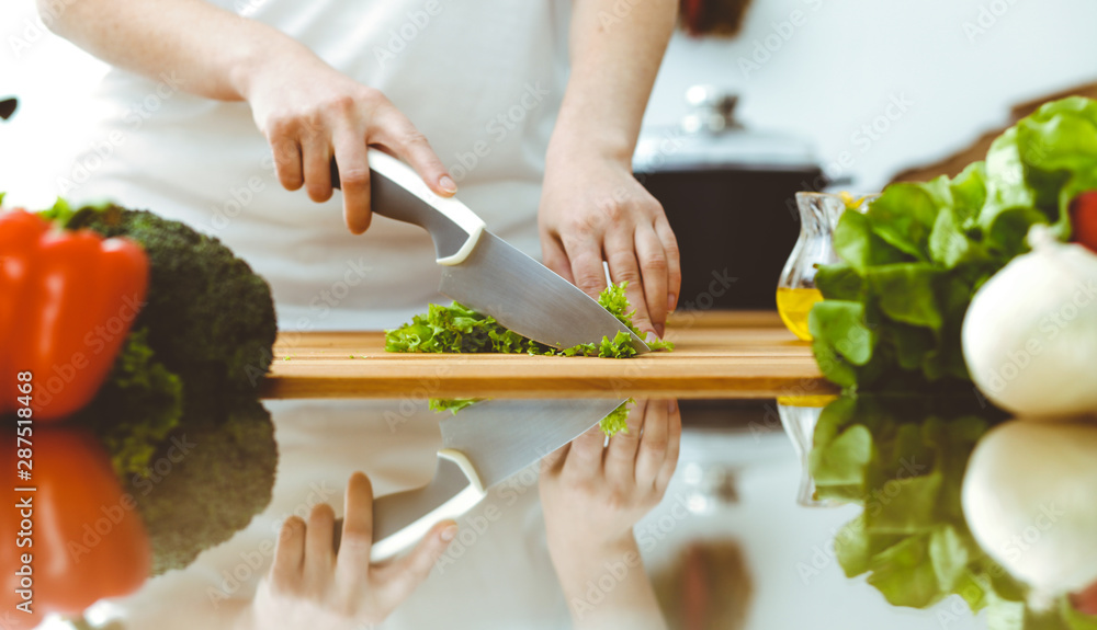 Closeup of human hands cooking in kitchen. Mother and daughter or two female friends cutting vegetables for fresh salad. Friendship, family dinner and lifestyle concepts Closeup of human hands cooking in kitchen. Mother and daughter or two female friends cutting vegetables for fresh salad. Friendship, family dinner and lifestyle concepts
