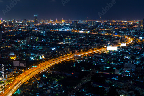 Bangkok City - Aerial view beautiful night Bangkok city downtown skyline of Thailand , cityscape at night , landscape Bangkok Thailand