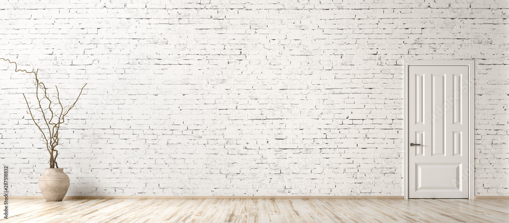 Fototapeta Wewnętrzny tło pokój z ściana z cegieł, wazą z gałęziastym i drzwiowym renderingiem 3d