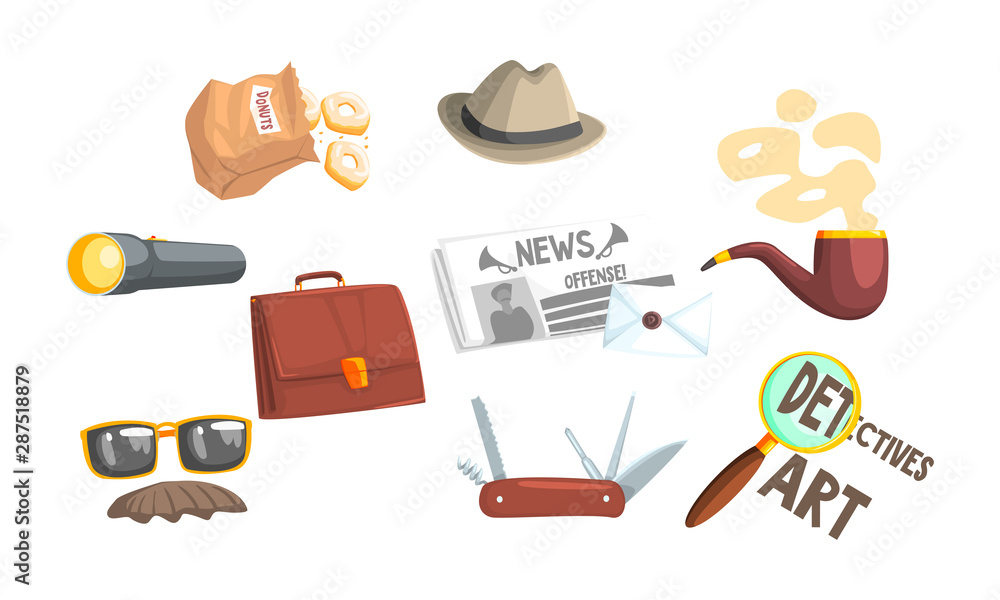 Private Detective Tools Set, Pocket Knife, Magnifying Glass, Smoking Pipe,  Briefcase, Flashlight Vector Illustration Stock Vector | Adobe Stock