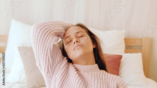 Tiring day end. Fatigue powerlessness apathy. Exhausted girl dropping on bed.