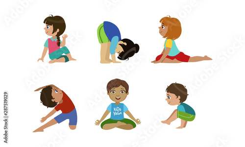 Cute Little Kids Doing Gymnastics And Yoga Exercises Set, Physical Activity and Healthy Lifestyle Vector Illustration