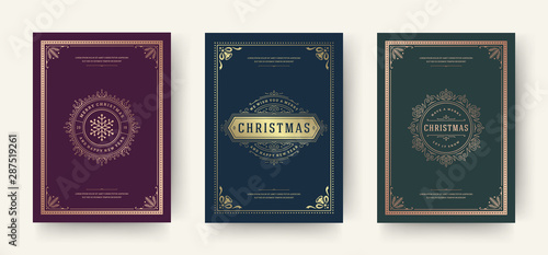 Christmas greeting cards vintage typographic design, ornate decorations symbols with snowflake, winter holidays wishes
