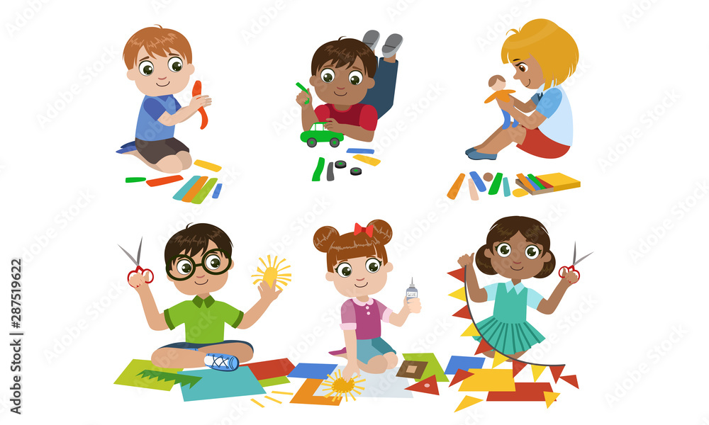 Creative Kids Set, Cute Boys and Girls Cutting with Scssors, Modelling from Plasticine, Childrens Education, Development Vector Illustration