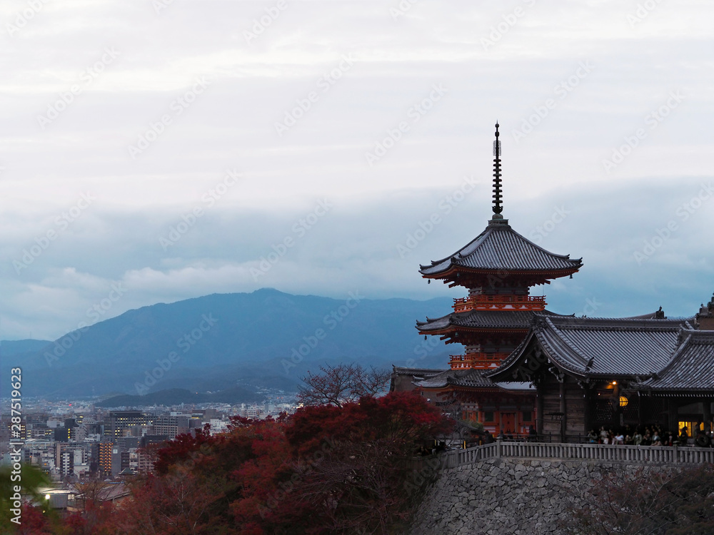 Obraz premium Kiyomizu-dera Temple and red leaves autumn in the evening Kyoto, Japan.