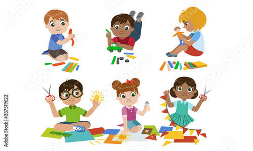 Creative Kids Set, Cute Boys and Girls Cutting with Scssors, Modelling from Plasticine, Childrens Education, Development Vector Illustration © topvectors