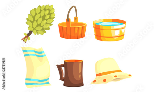 Sauna or Bathhouse Equipment Set, Birch Broom, Wooden Bucket, Basin, Towel, Hat and Mug Vector Illustration