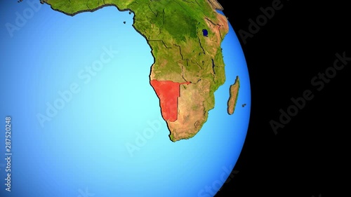 Closing in on Namibia on political 3D globe with topography. 3D illustration.