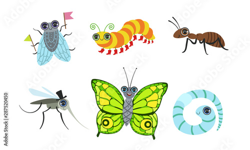 Collection of Cute Funny Cartoon Insects Set, Fly, Ant, Mosquito, Butterfly, Caterpillar, Worm Vector Illustration © topvectors