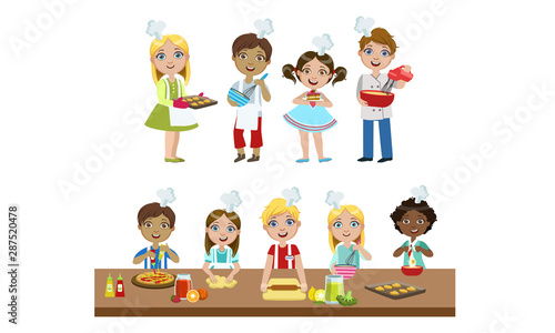 Cute Boys and Girls in Uniform Cooking in Kitchen Set, Kids Cooking Various Dishes Using Utensils Vector Illustration