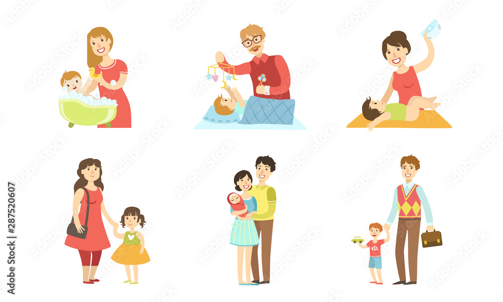 Parents Daily Routine Activities Set, Mothers and Fathers Taking Care of Their Children, Motherhood and Farherhood Concept Vector Illustration