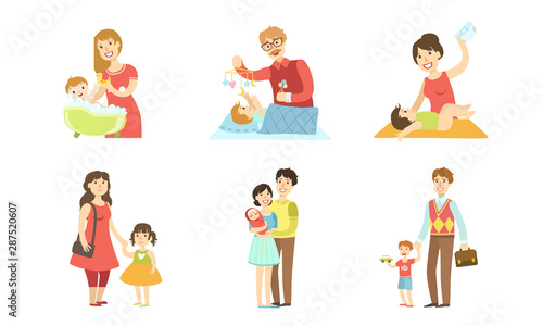 Parents Daily Routine Activities Set  Mothers and Fathers Taking Care of Their Children  Motherhood and Farherhood Concept Vector Illustration