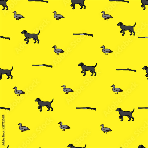 Hunting seamless pattern with guns, dog and ducks. Hunting background vector illustration