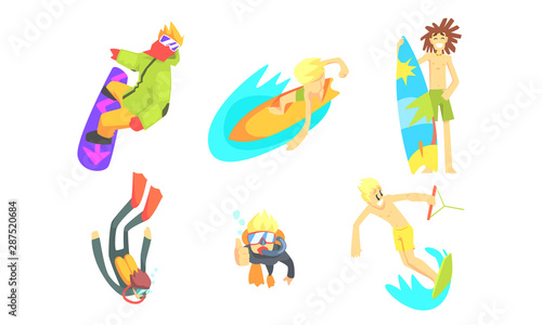 People Outdoors Activities Set, Snowboarding, Surfboarding, Skateboarding, Wakeboarding, Diving Vector Illustration