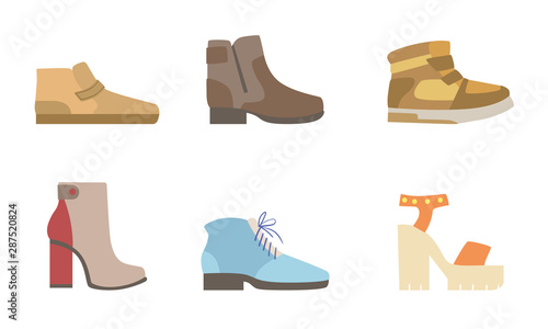 Male and Female Shoes Set, Footwear for Different Seasons Vector Illustration