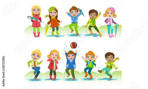 Cute Happy Kids Playing in the Rain Set  Boys and Girls Having Fun Outdoors Vector Illustration