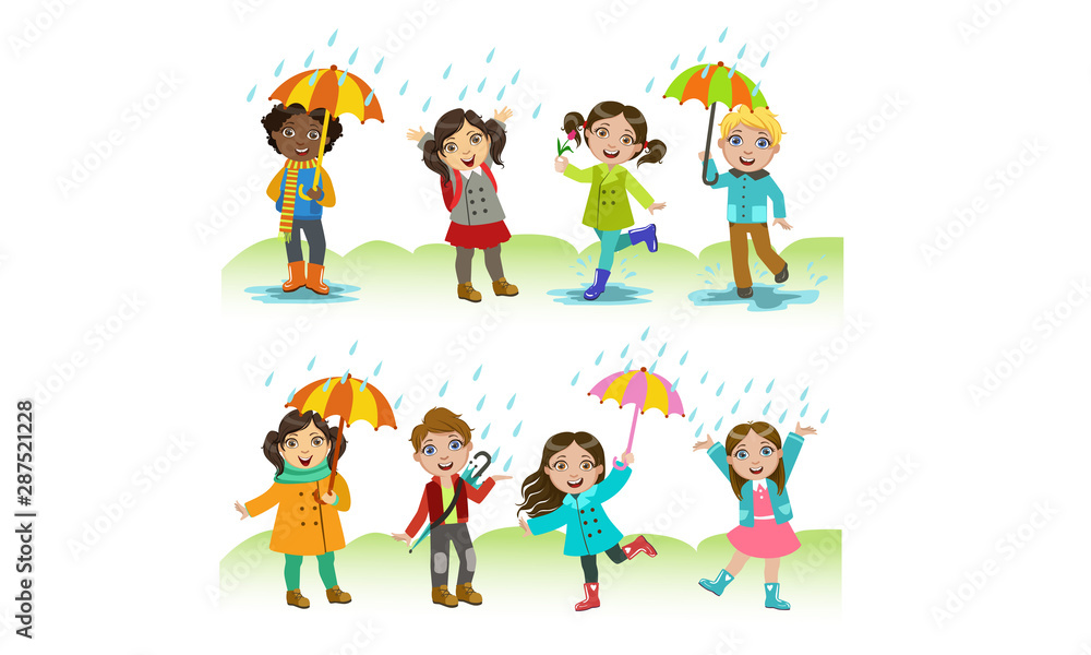 Kids Playing in the Rain Set, Happy Boys and Girls Having Fun Outdoors Vector Illustration Kids Playing in the Rain Set, Happy Boys and Girls Having Fun Outdoors Vector Illustration