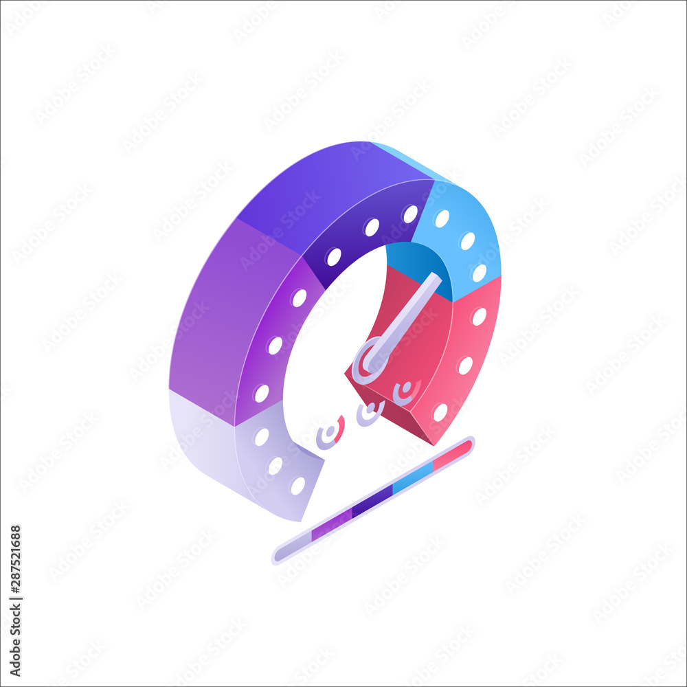 Fototapeta premium Speedometer vector flat illustration in isometric style isolated on white background, infographic element with pie diagram. High speed concept illustration.