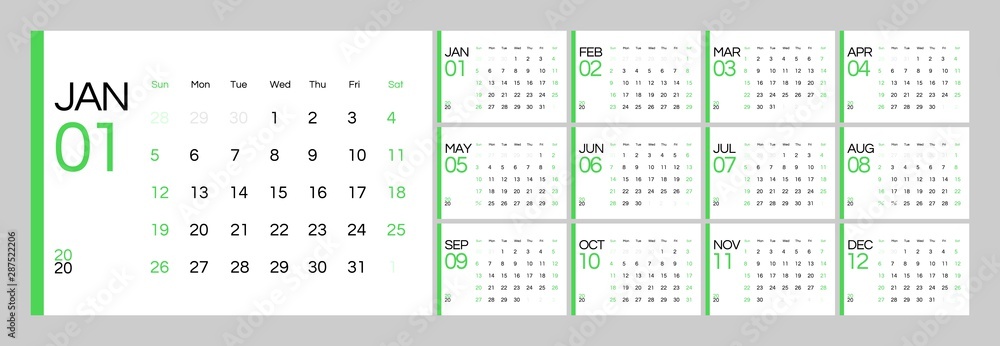 Desk calendar for 2020 year in clean minimal table simple style. Week Starts on Sunday. Set of 12 Months. Desk calendar for 2020 year in clean minimal table simple style. Week Starts on Sunday. Set of 12 Months.
