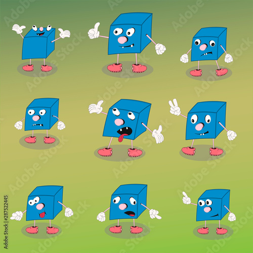 Set of vector cartoon characters blue cube shows different emotions on a colorful background.