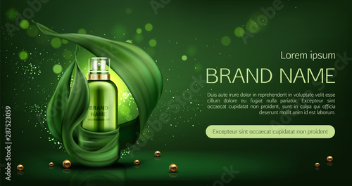 Cosmetics tube mock up ad banner, organic beauty product, lotion, natural skin care sprayer bottle mockup on green background with leaves and gold pearls, eco skincare cosmetic. Realistic 3d vector