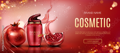 Pomegranate cosmetic mock up banner, pump bottle with ripe garnet and water splashes, beauty skin care cosmetics product tube package design mockup promo poster Realistic 3d vector illustration, ad