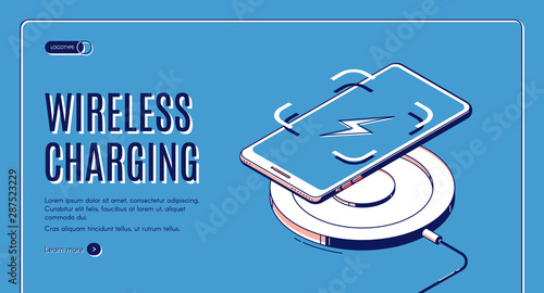 Wireless charging isometric web banner. Charge device for mobile phone and gadgets, innovative modern electronic equipment with wifi connection 3d vector retro colored landing page template, line art
