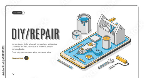 Diy repair isometric landing page, engineering construction service tools for house renovation on huge mobile phone screen. Architect building company service, 3d vector web banner template, line art