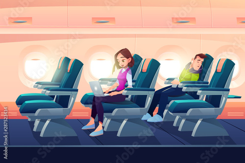 Man sleep in airplane, freelancer girl work on laptop in plane salon, passengers traveling on vacation by aircraft transportation. People sleeping and working during flight Cartoon vector illustration
