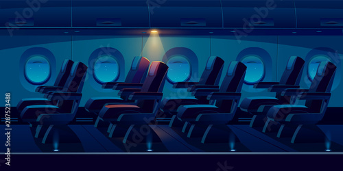 Airplane cabin at night time, dark plane economy class cockpit with seats side view. Empty salon aisle with chairs in aircraft. Comfortable armchairs for journey, jet trip Cartoon vector illustration