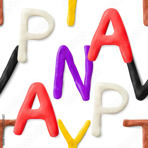 Seamless pattern with alphabet. Handmade modeling clay letters. Realistic 3d vector lettering background.
