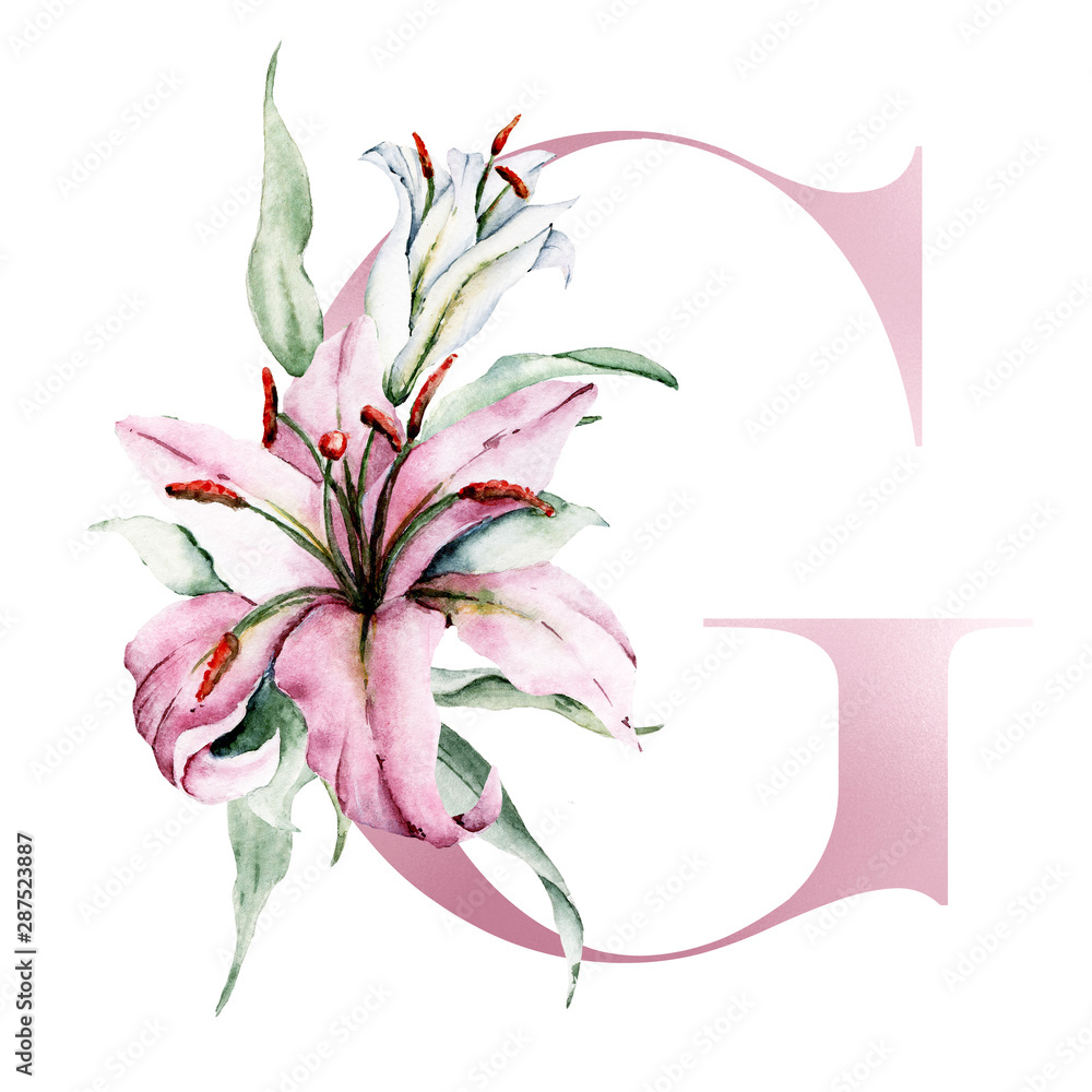 Letter G with watercolor flowers lilies and leaves. Floral alphabet