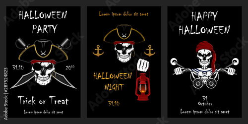 Set of vector halloween cards. Skulls of pirates. Pirate driving a motorcycle. Set of elements for cards, banners, flyers, posters.