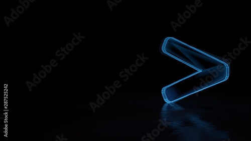 3d glowing wireframe symbol of symbol of greater than isolated on black background