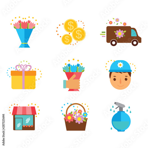vector flat icons set flower delivery. car, gift, flowers in hand, courier, money, basket, flower shop. Use icons for web design, infographics, shop decoration, packaging, flyers, textile, background.