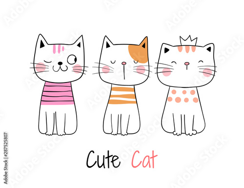 Draw collection of cute cat on white.