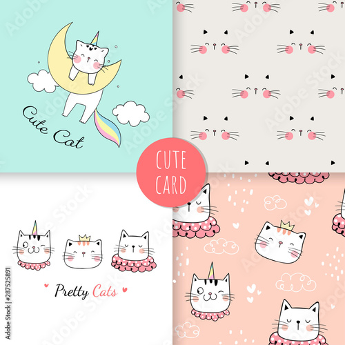 Draw print pattern of cat for fabric textiles kids.
