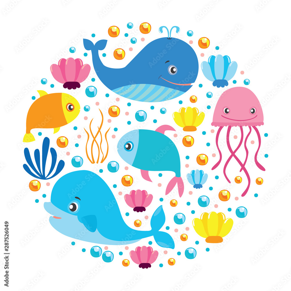 Explore the world. sea inhabitants. underwater fish. Dolphin, jellyfish, whales, shells, for children's wallpaper, packaging, design, textiles, fabrics, travel company