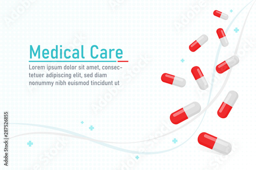 Medical care with red and white capsule pills vector background