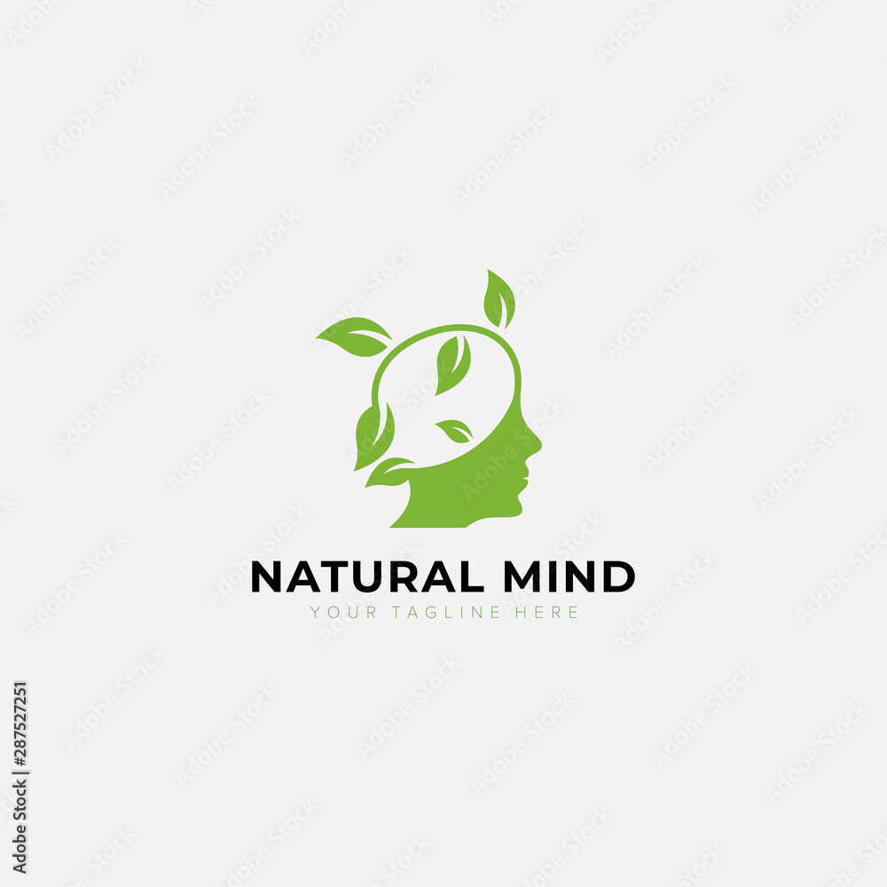 Mind natural logo with head person and leaf Mind natural logo with head person and leaf