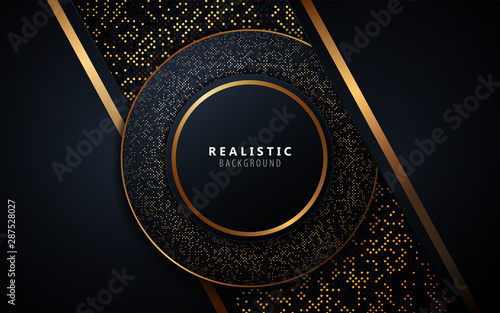 Abstract overlapping layers dark blue background a combination with golden glitters line. Vector design template for use element event frame, cover, banner, corporate advertising.