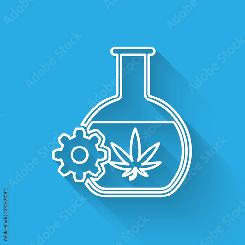 White line Chemical test tube with marijuana or cannabis leaf icon isolated with long shadow. Research concept. Laboratory CBD oil concept. Vector Illustration