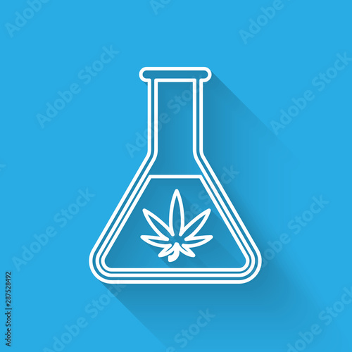 White line Chemical test tube with marijuana or cannabis leaf icon isolated with long shadow. Research concept. Laboratory CBD oil concept. Vector Illustration