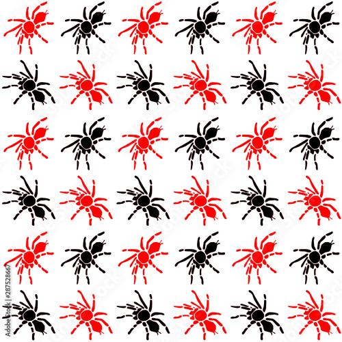 Seamless spider pattern. Mixed red and black color spiders on white background. Halloween pattern for cards, wrapping paper, decoration and web.
