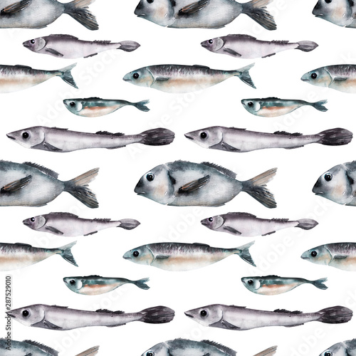 Watercolor background with different fish