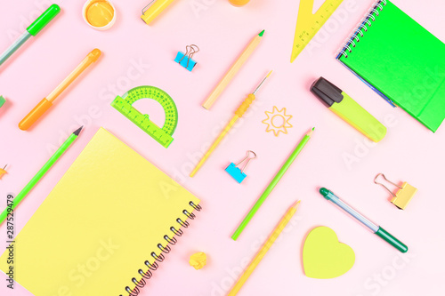 School stationery on color background. Back to school creative Image with text place