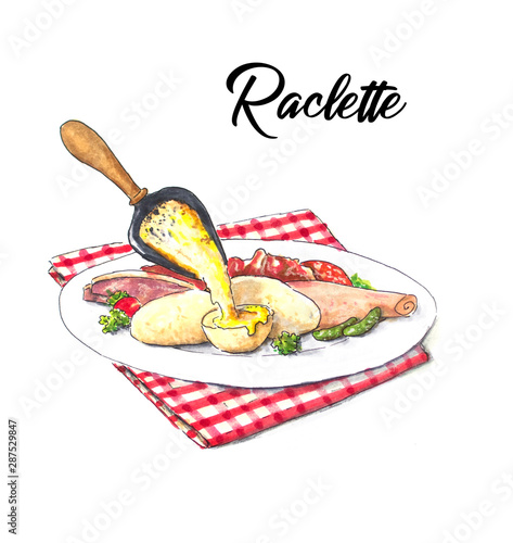 Raclette hand drawn sketch with potatoes and ham