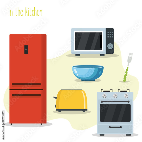 Set of kitchen utensils and appliances. Flat vector illustration.
