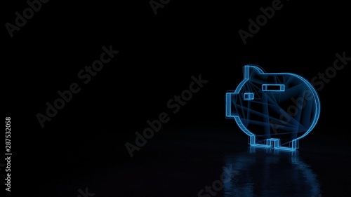 3d glowing wireframe symbol of symbol of piggy bank isolated on black background